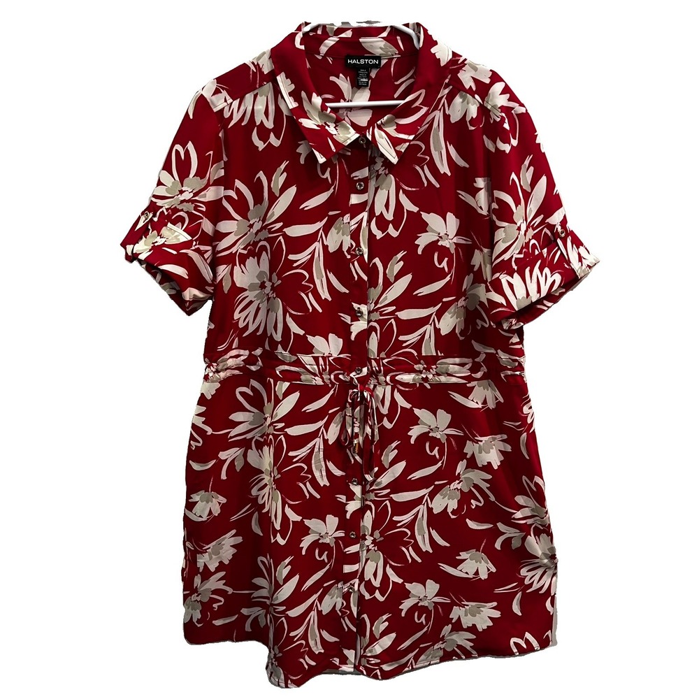 Halston womens Fuscia White Shirt Dress Short Sleeve, XXL Stretchy floral